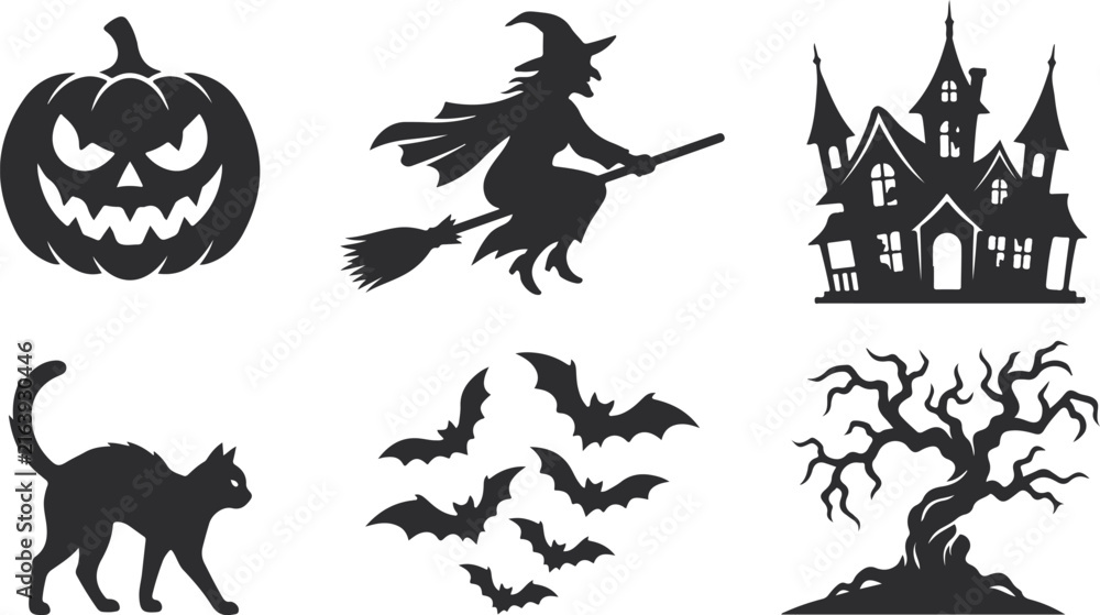Fototapeta premium A collection of black Halloween themed silhouettes featuring a pumpkin, a flying witch, a haunted house, a black cat, bats, and a spooky tree.
