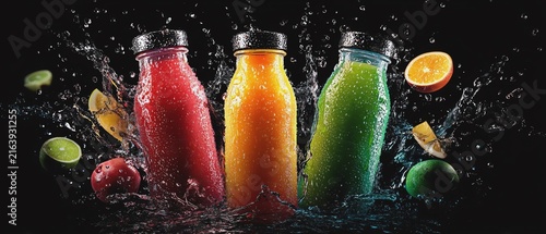 Vibrant fruit juices splashing in black background