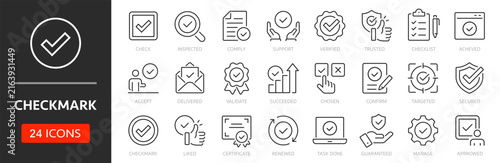 Checkmark line icon set. Editable Stroke. Check, verified, confirm, checklist, accept, check box, check mark, complete - stock vector.