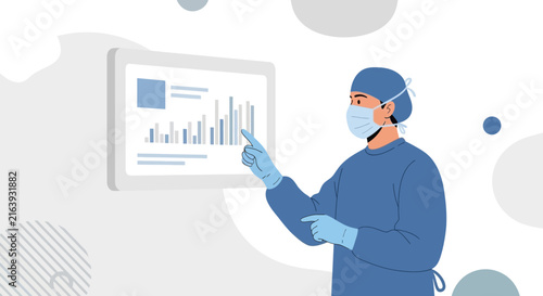 Doctor in surgical scrubs with mask points to bar chart on screen