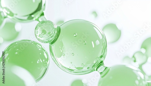 緑の透明な球体で構成された分子構造の美容成分イメージ、みずみずしいジェルと美容液を連想させるクリアな質感で保湿、潤い、透明感を表現したスキンケア、セラム、エッセンス、美容広告向け背景素材、ジェネレーティブAI