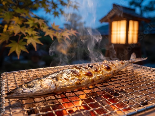 Plakat あかりが灯る行燈と紅葉を背景に七輪の炭火網焼きで香ばしく焼き上がる秋刀魚（サンマ）のクローズアップ