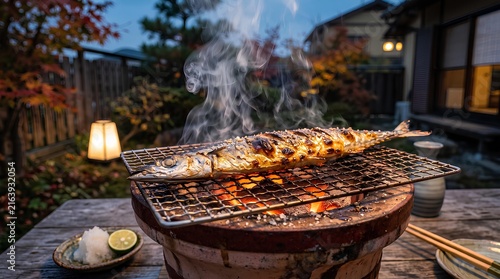 Naklejka 和風建築の明かりが灯る夕方の庭先で七輪の炭火により香ばしく焼き上がる秋刀魚