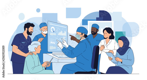 Diverse medical team collaborates on digital health data analysis