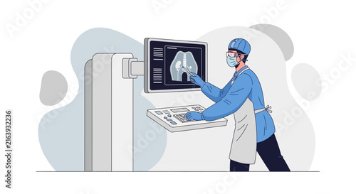 Doctor analyzes medical scan on screen, isolated on transparent background