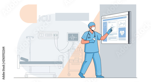 Doctor analyzing medical data on screen in ICU, transparent background