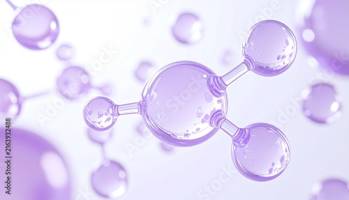 紫色の透明な分子構造が浮かぶスキンケア美容科学イメージ背景素材、ぷるんとした球体とガラスのような透明感で美容成分、潤い、保湿、ツヤを表現した美容液、セラム、化粧水、エッセンス、基礎化粧品、フェイスケア、コスメ広告に使えるジェネレーティブAI