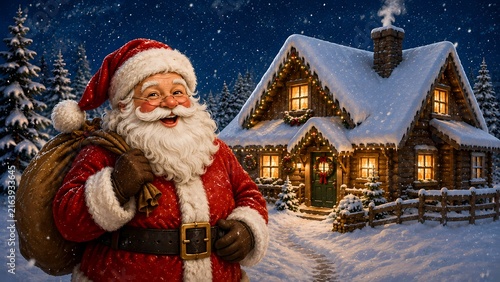 Festive Santa Claus in Winter Holiday Scene with Christmas Decorations