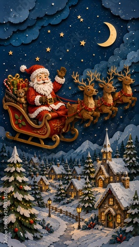 Santa Claus and reindeer flying in a magical sleigh over a snowy Christmas mountain landscape