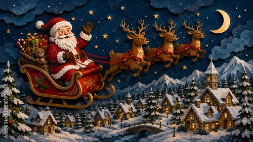Santa Claus flying through a starry Christmas night in a sleigh pulled by reindeer