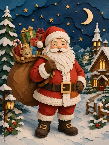 Cheerful Santa Claus carrying a large sack of Christmas gifts in a snowy winter village