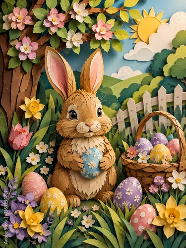 Cute Easter bunny with colorful eggs spring flowers and basket in charming paper cut style