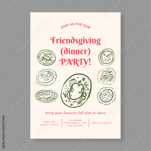 Friendsgiving Dinner Party Invitation Card with Hand-Drawn Food Illustrations and Vintage Typography for Autumn Holiday Celebration