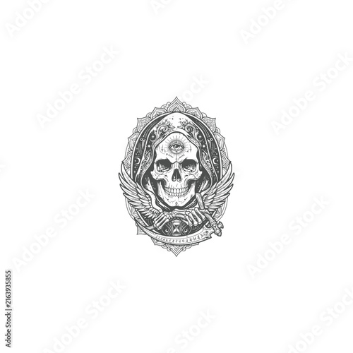 Mystical Occult Skull with Wings and Third Eye Illustration