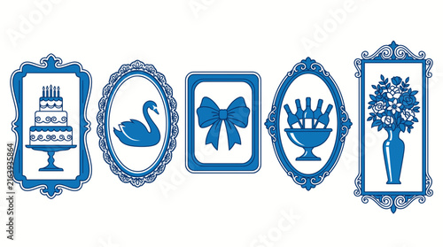 Blue and white Delft-style porcelain framed silhouette tiles featuring architectural motif, swan, butterfly, bouquet, and floral vase designs for vintage wall decor.