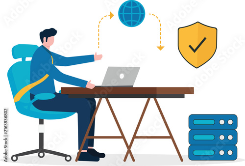 Professional working on computer connecting to secure global network with shield icon