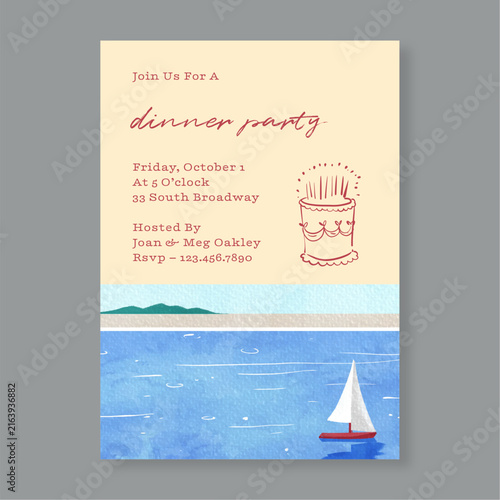 Elegant Dinner Party Invitation Template with Watercolor Nautical Sailboat and Hand-Drawn Birthday Cake Illustrations for Social Events