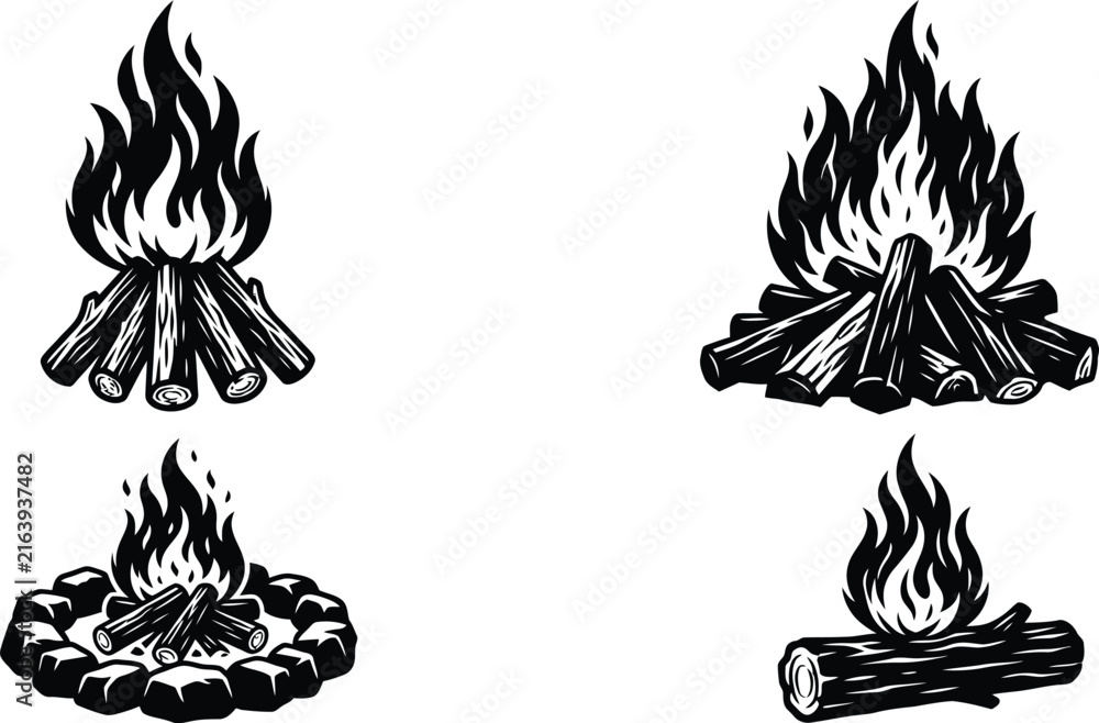 Obraz premium Black campfire wood log flames set camping adventure vector