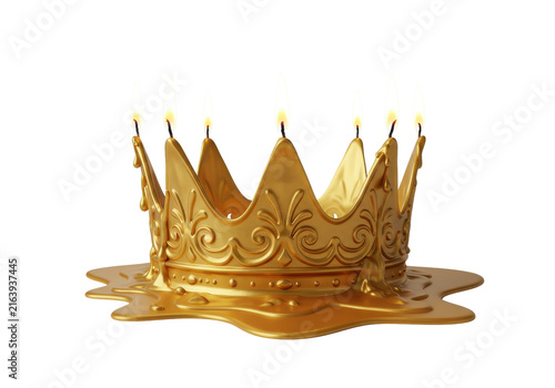 Melted gold crown with intricate details and burning candles isolated white background