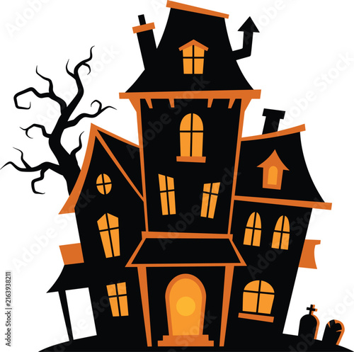Crooked haunted mansion with orange glowing ,windows and dead tree Halloween gothic, vector