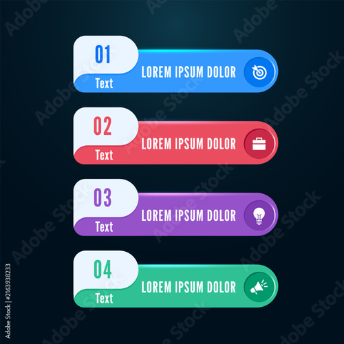 4 numbered horizontal steps with bars, labels and icons