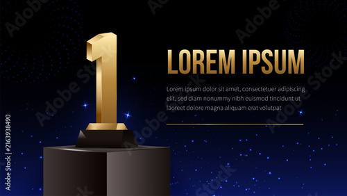 Gold number 1 trophy on a dark podium with sparkling lights and a premium award atmosphere