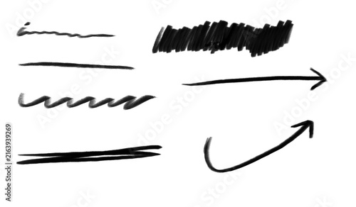 Black Hand Drawn Graphic Elements: A collection of simple, black, hand-drawn graphic elements including lines, scribbles, arrows, and a check mark on a white background.