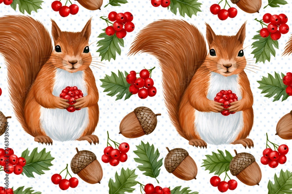 Fototapeta premium Squirrels holding red berries autumn seamless pattern