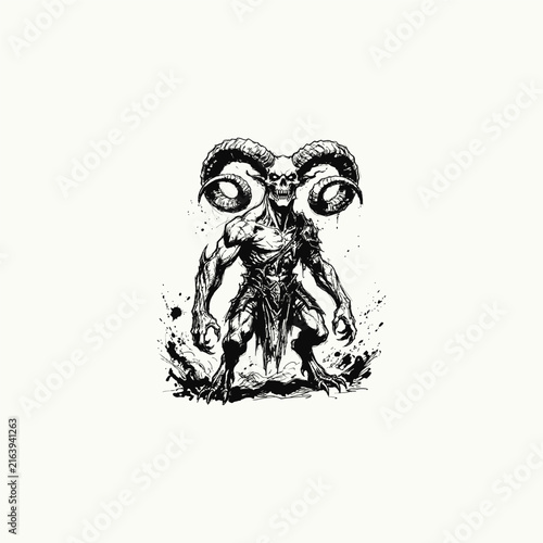 Dark Horned Demon Warrior Ink Illustration