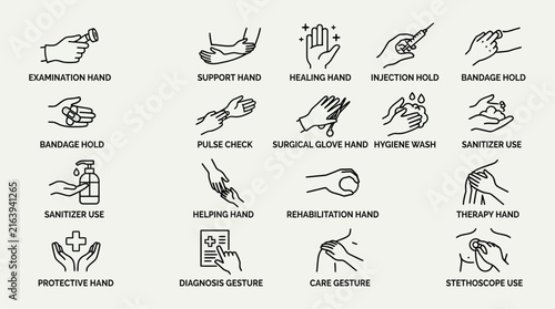 Set of thin line icons depicting various human hand gestures and finger movements for communication and interaction