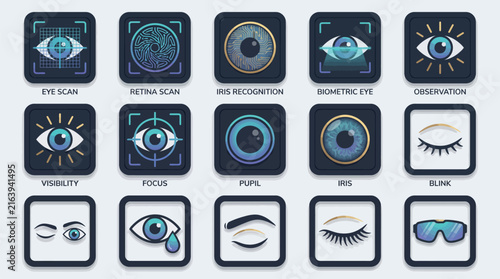 Set of futuristic digital eye icons featuring biometric scanning technology and abstract cybernetic vision interface designs