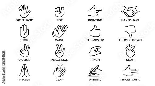 Set of hand gesture icons showing various communication signs and human hand movements in line art style