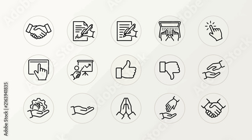 Set of thin line business icons representing teamwork partnership growth strategy and professional corporate communication and development