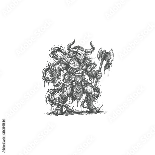 Minotaur Warrior with Battle Axe Ink Splatter Art