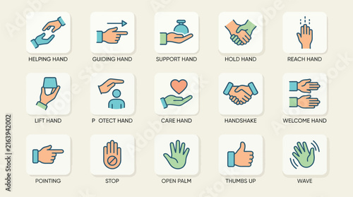 Set of human hand gestures and interaction icons showing various communication styles and social connection concepts