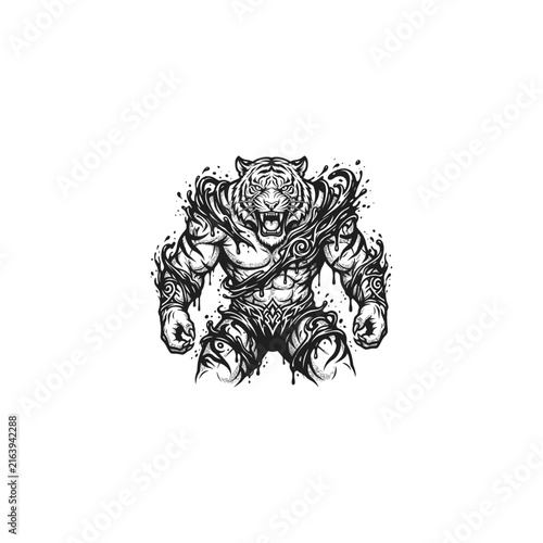 Fierce Muscular Tiger Warrior Ink Illustration Vector