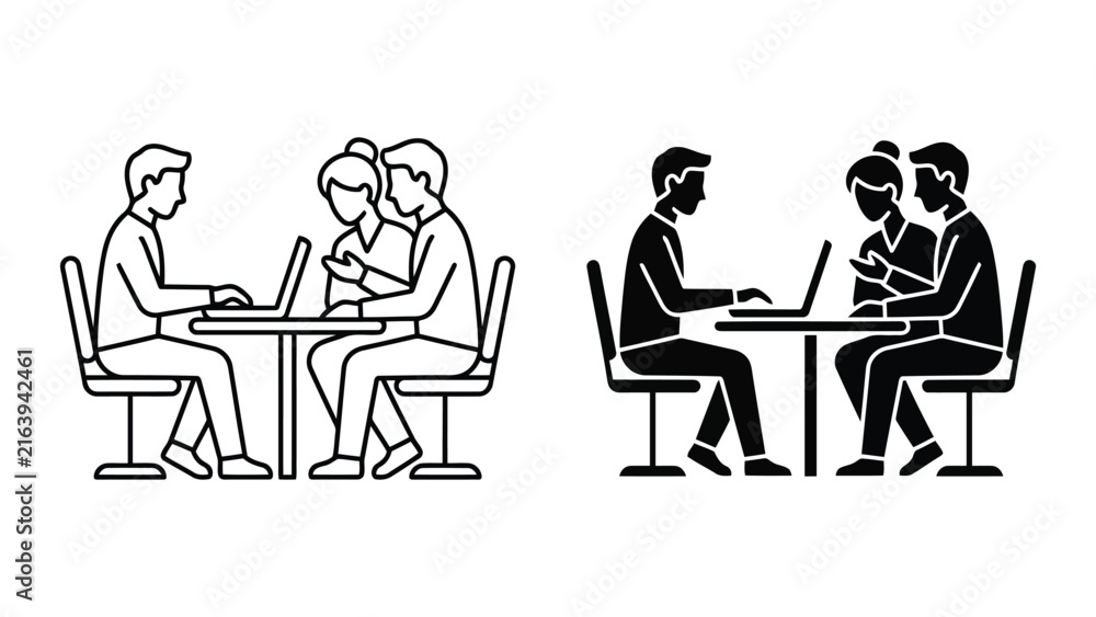 Fototapeta premium Business people working together on laptops at office desk flat line icon set