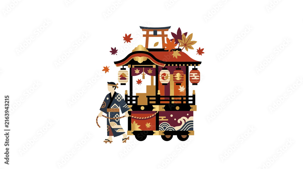 Fototapeta premium Japanese festival float with torii gate and autumn leaves.