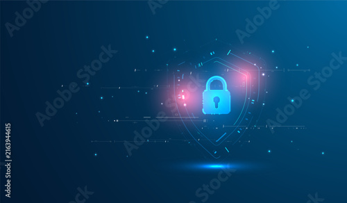 Cyber security padlock protecting digital data privacy with technology network shield isolated on vector background