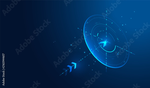 Futuristic blue vector business strategy with arrow hitting target isolated on technology background