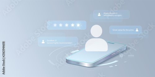 Online customer review and user satisfaction comment feedback service with five star rating on smartphone technology vector background