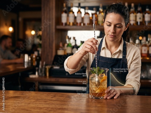 Female bartender stirring a botanical mocktail in a crystal mixing glass with ingredient ratio and cooling curve infographics on a bar counter