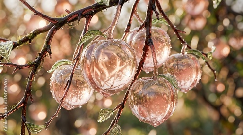 Translucent Glass-Like Peaches on Branch Illustration