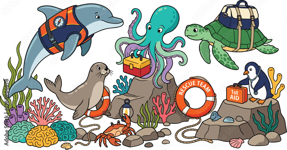 Obraz premium Ocean Rescue Team Illustration with Dolphin, Octopus, Sea Turtle, Seal, Penguin, Lifebuoy, First Aid Kit and Coral Reef