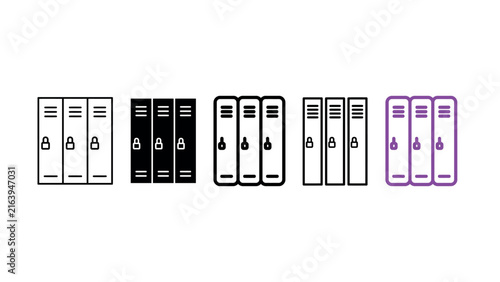 Set of five distinct school locker icons in various artistic styles