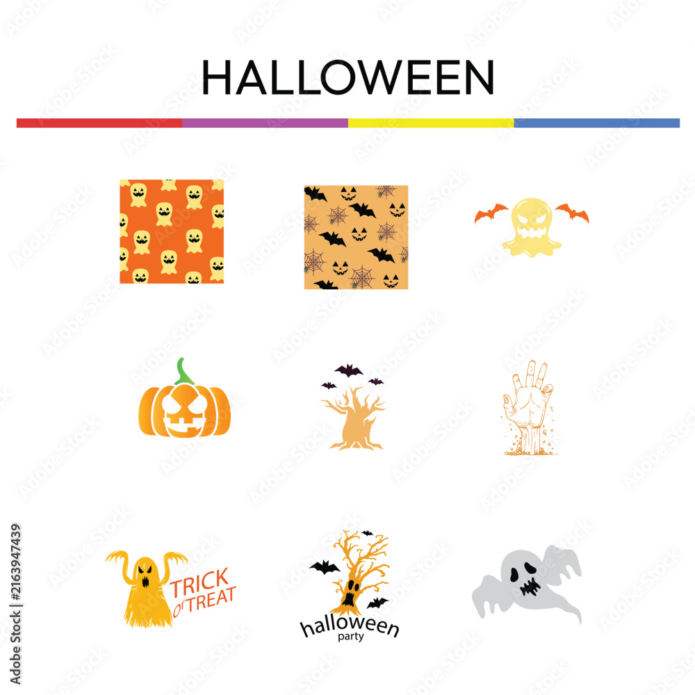 Fototapeta premium Halloween Graphic Elements Set with Zombie Hand, Ghost Patterns, Spooky Trees, Pumpkin, and Flying Bats