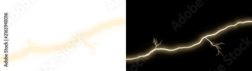 Realistic lightning bolt effect, gold amber thunder strike with branching electric discharge on transparent background