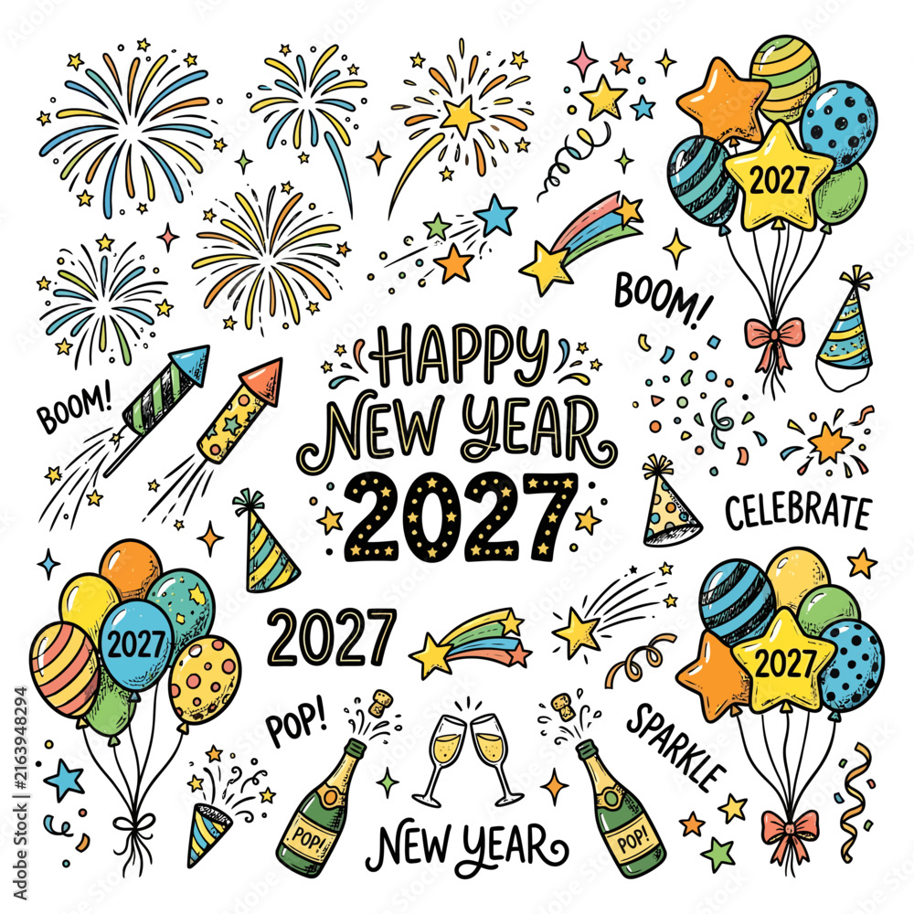 Obraz premium Festive New Year 2027 Celebration with Fireworks Balloons and Party Symbols.