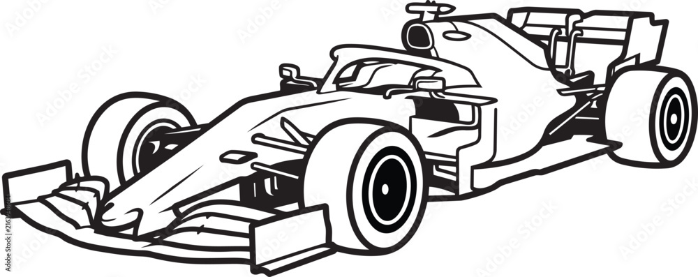 Fototapeta premium Formula One race car outline in black and white isolated on a white background representing speed and competition