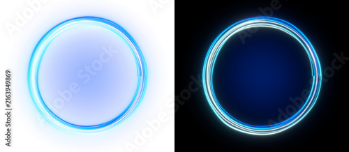 Neon circle light effect, glowing round frame with blue cyan gradient, futuristic magic portal ring on transparent background